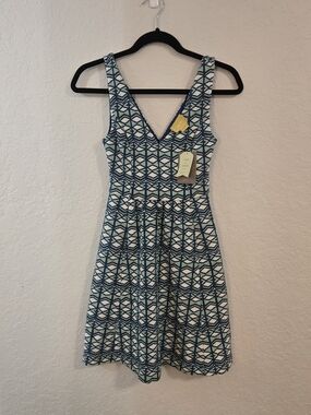 Anthropologie Maeve Blue & White V-Neck Geometric Mini Dress Coquette Balletcore